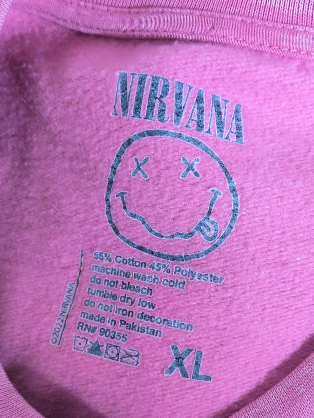 Nirvana Smile Overdyed Oversized Crew Neck Sweatshirt, Hot Pink, Size XL - Picture 5 of 5